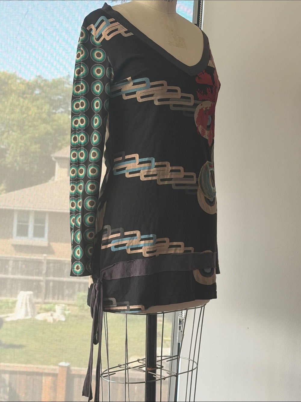 Desigual Black V-Neck Long-Sleeve Top with Teal and Tan Graphic Accents
